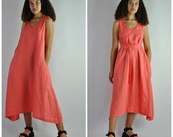 Pure linen loose coral dress, summer beach dress, comfortable lounge dress, house dress with pockets, long dress with belt, no. 86