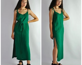 Pure linen slip dress , strapped summer dress 100% linen green, emerald dress no. 94