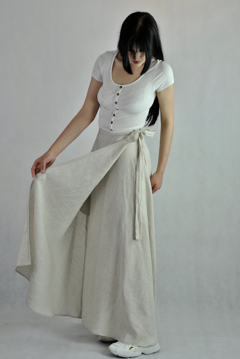 Pure linen long skirt, loose fitting wrap skirt with pockets, natural oatmeal linen, boho skirt, maxi summer skirt no. 122 image 5