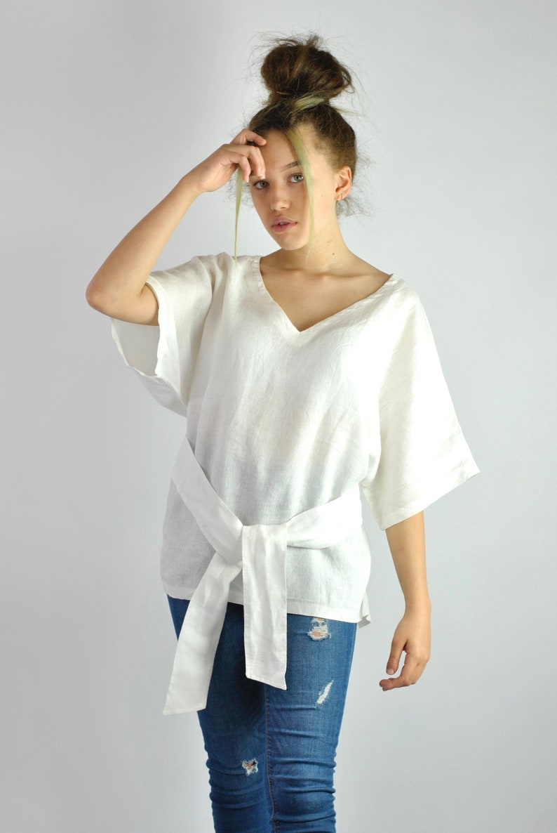 Casual Elegance: White Linen Blouse with Ties Effortlessly Stylish Kimono-Inspired Tunic for Beach or Office Chic no. 57 image 5