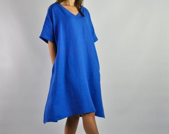 Pure linen loose blue dress, summer dress, lounge dress, house dress with pockets, royal classic blue knee length dress, no. 56