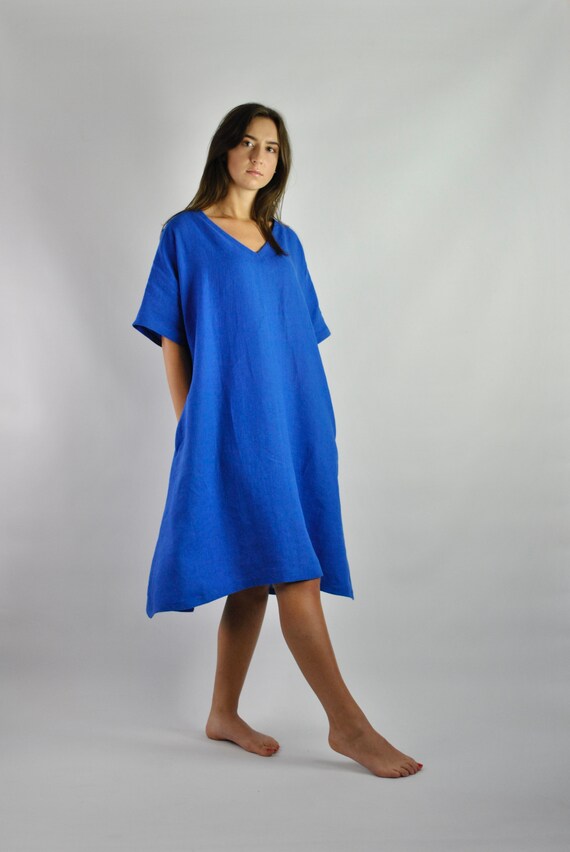 azul suelto de lino puro vestido de verano vestido - Etsy España