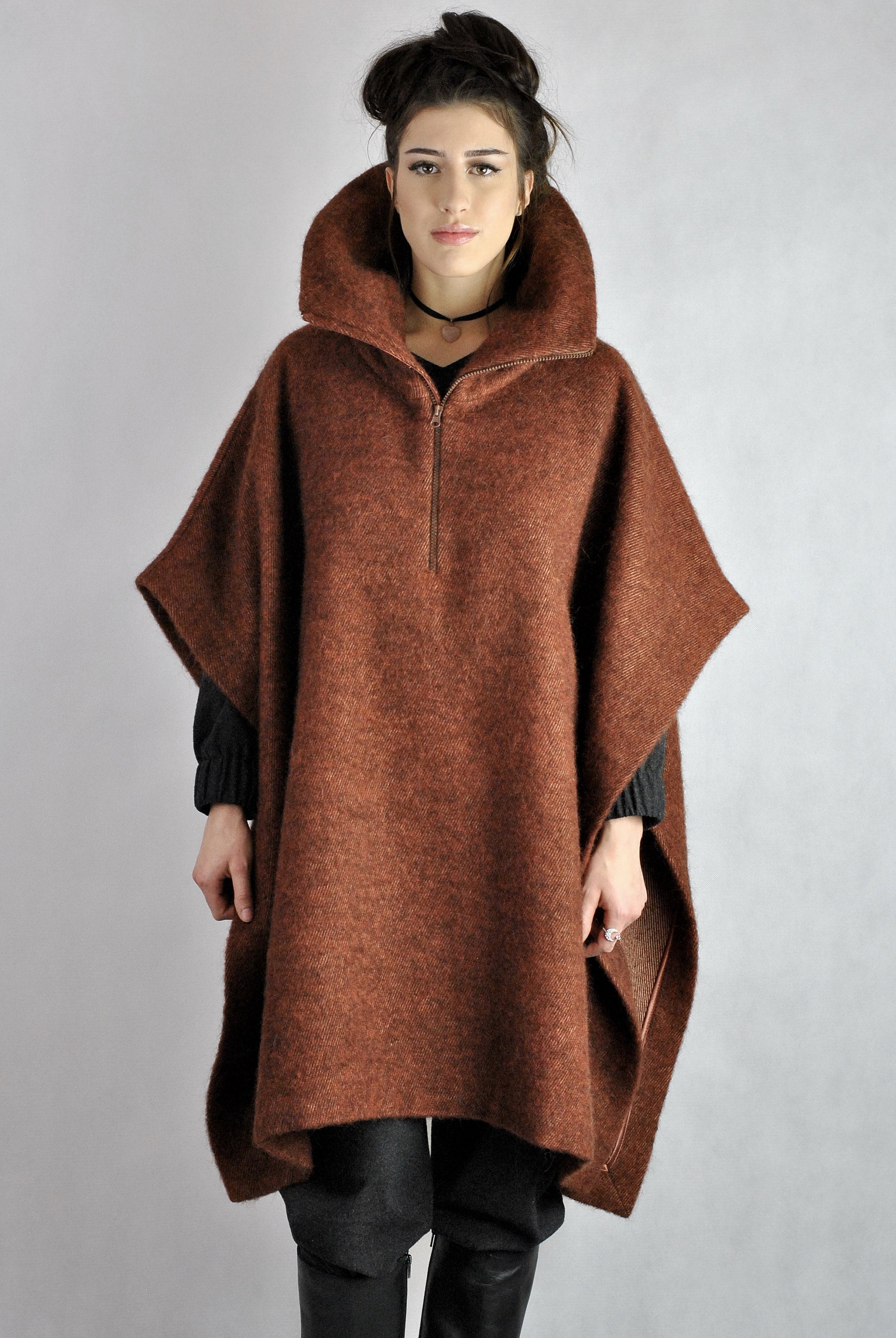 Wool Poncho, Overcoat Soft Winter Loose Fitting Rusty