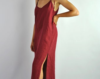 Pure linen slip dress , strapped summer dress 100% linen burgundy, dark red dress no. 89