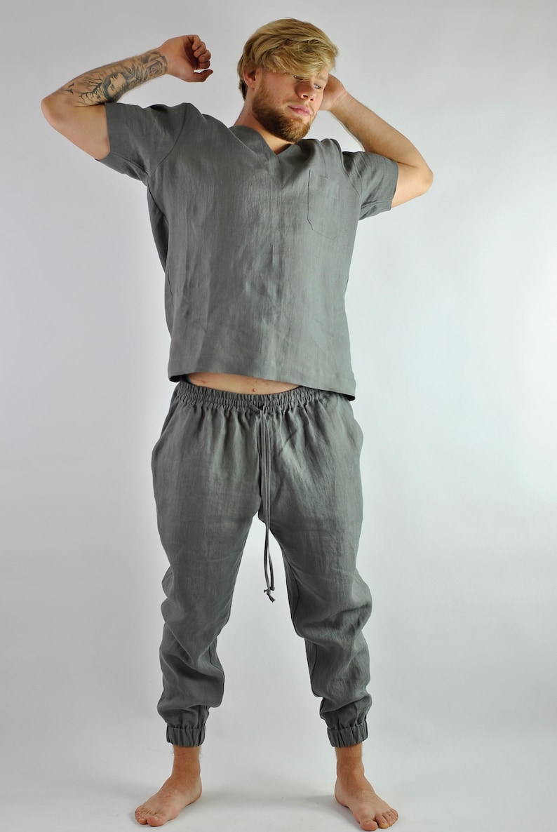 Men's linen t-shirt, Linen tracksuit top, grey linen shirt, Lounge linen top, linen shirt V-neck, Loungewear No. 67 image 8