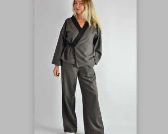 Warm winter wool tracksuit set, wool pants and blouse, wool Stay Home Loungewear, No. 73