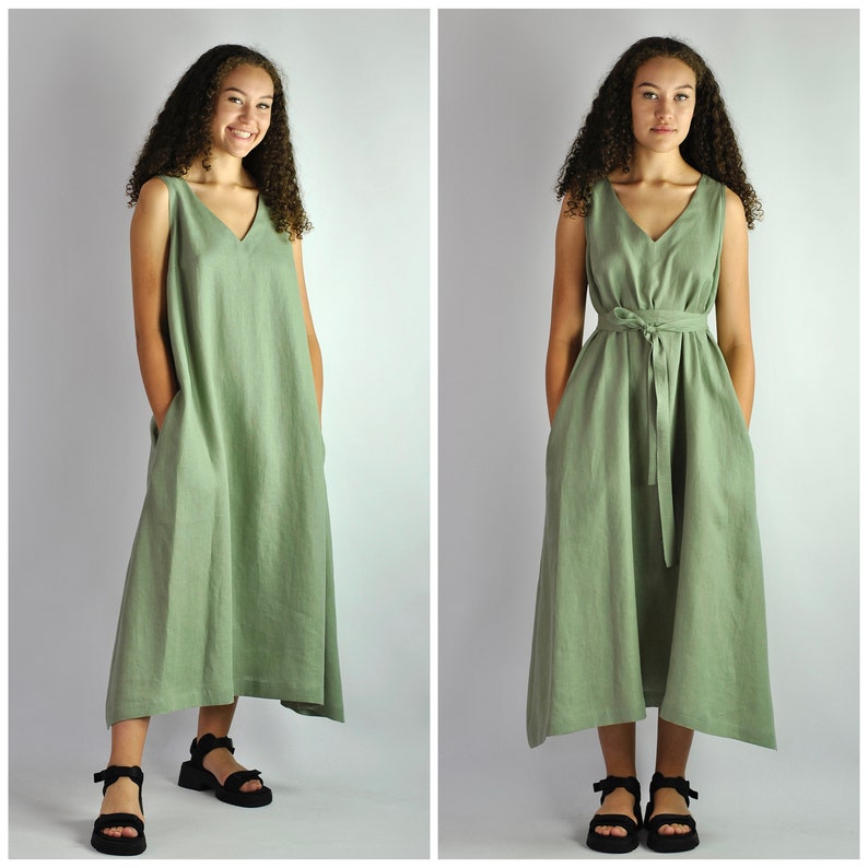 Pure linen loose sage green dress, summer beach dress, comfortable lounge dress, dress with pockets, long dress with belt, no. 98 image 1
