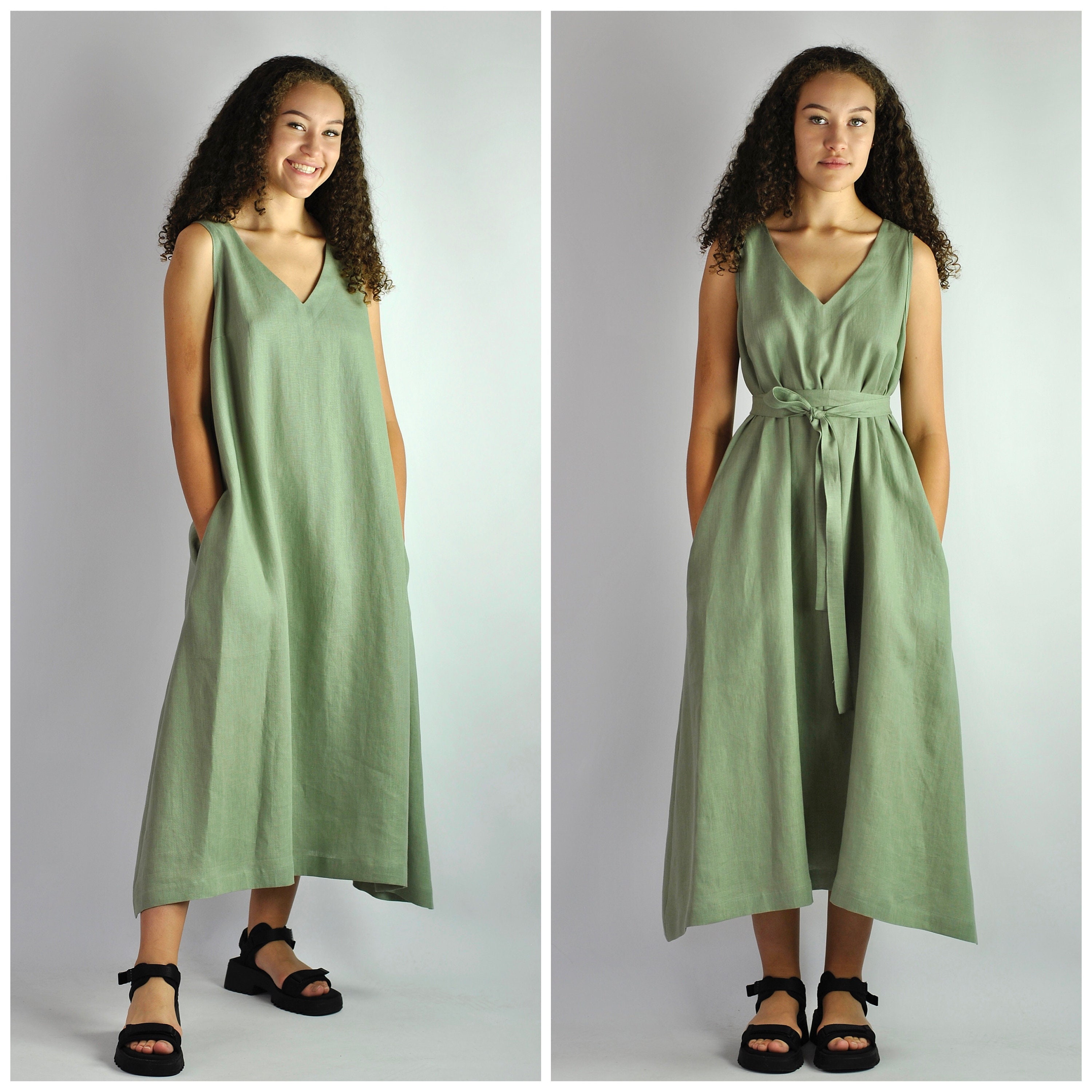 Pure Linen Loose Sage Green Dress ...