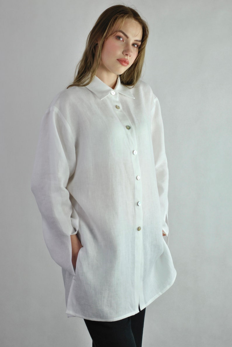 Pure linen white blouse, white buttoned shirt, loose fitting tunic beach wear, summer top, classic office shirt soft linen no. 135 image 6