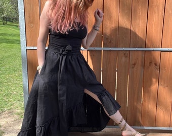 Pure linen long black skirt, elasticated waist skirt loose fitting with pockets and belt, boho maxi skirt with frill no. 170