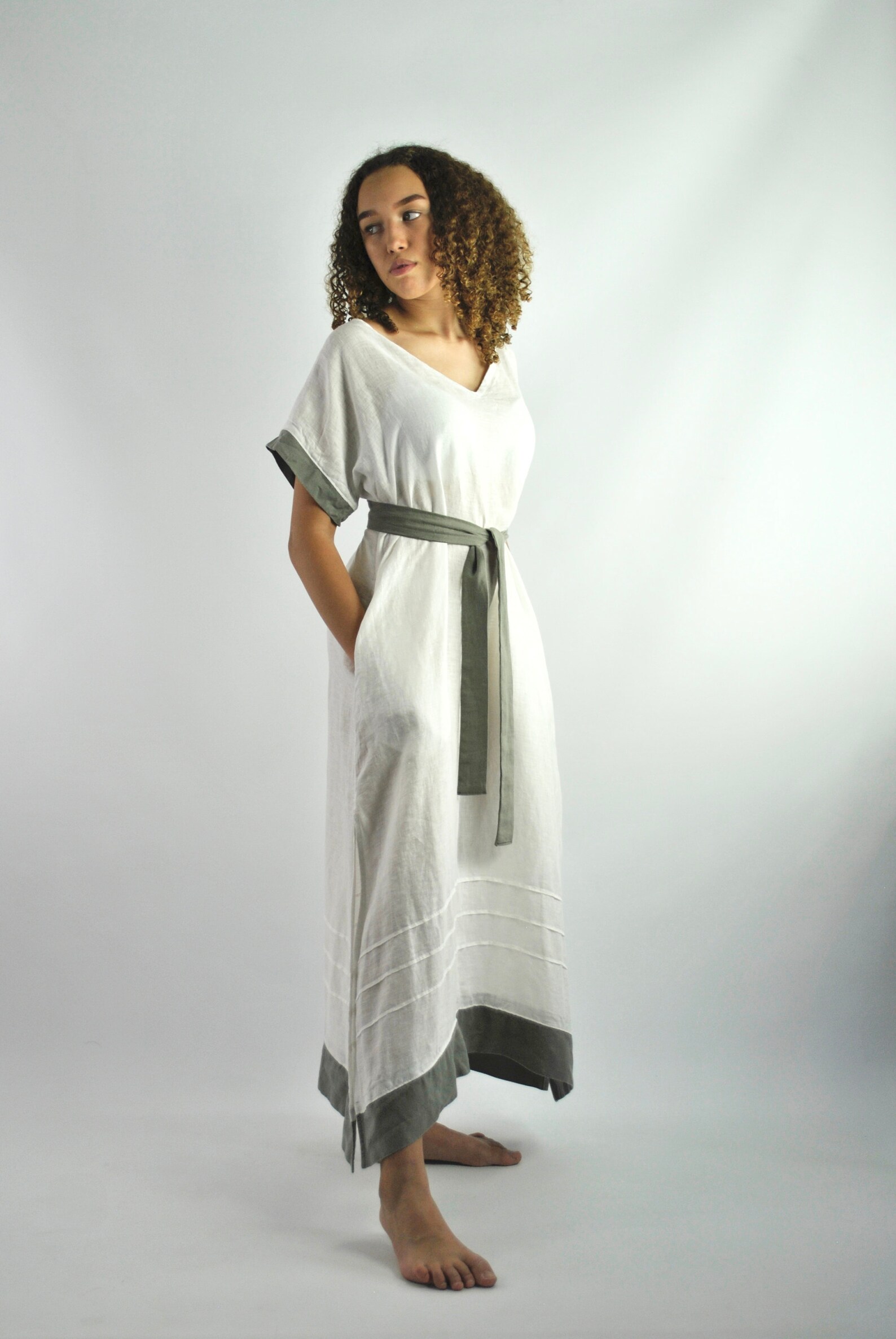 Pure Linen White Beach Dress, White Casual Dress, Linen Kaftan, Loose