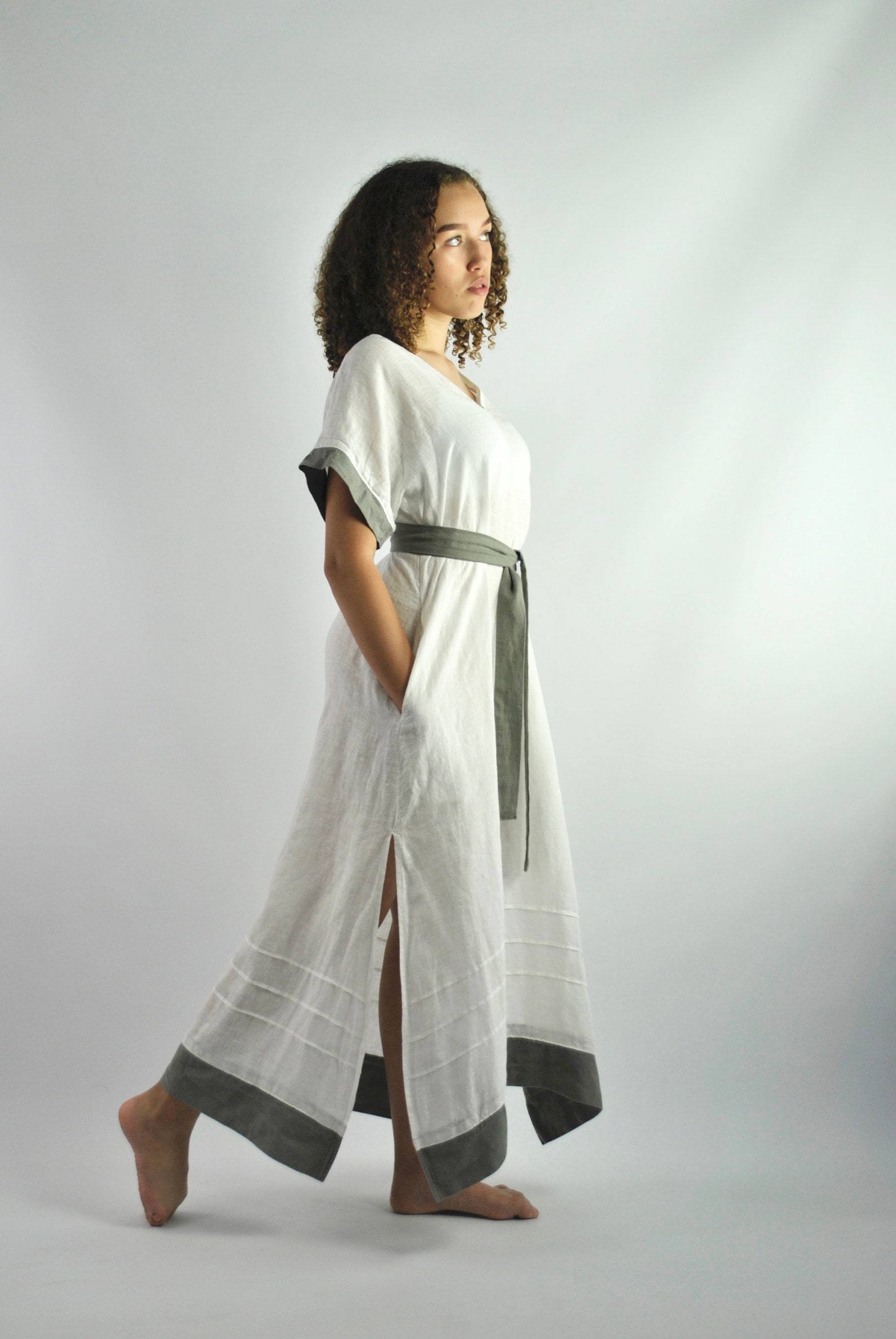 Pure Linen White Beach Dress, White Casual Dress, Linen Kaftan, Loose