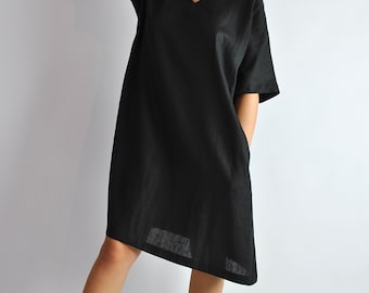 Effortless Elegance: Pure Linen Black Lounge Dress with Pockets - Knee-Length Kimono Chic, no. 70