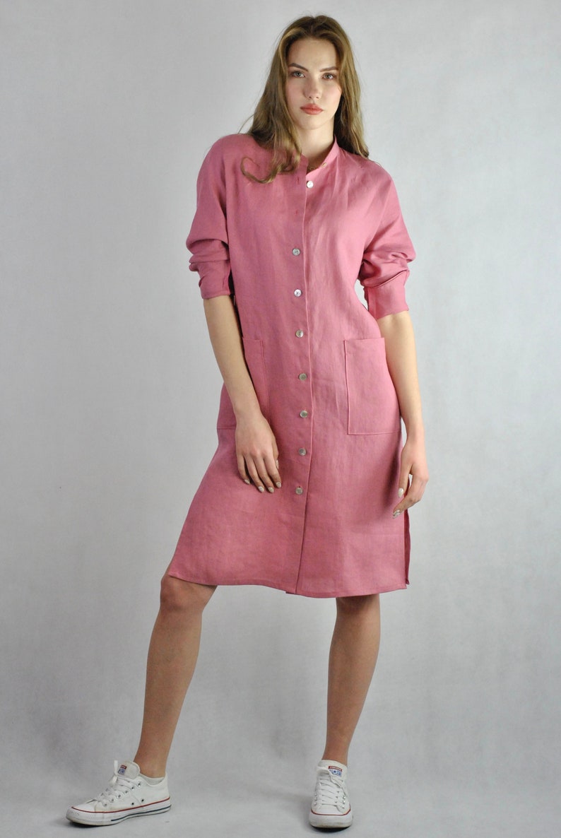 Pure linen Indian pink shirt, buttoned dress shirt, loose fitting tunic beach wear, summer top, casual dress soft linen no. 136 image 3