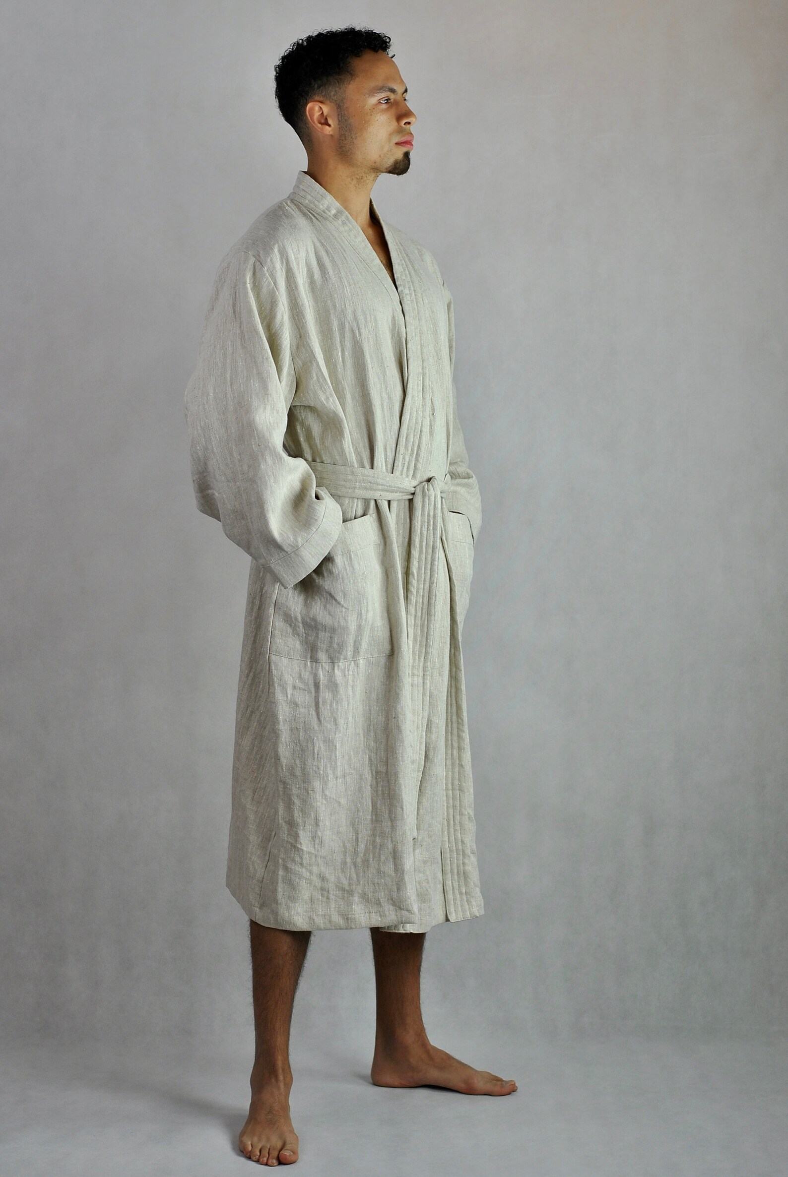 Men's Linen Natural Dressing Gown, Bath Robe, Summer, Unisex, Kimono ...