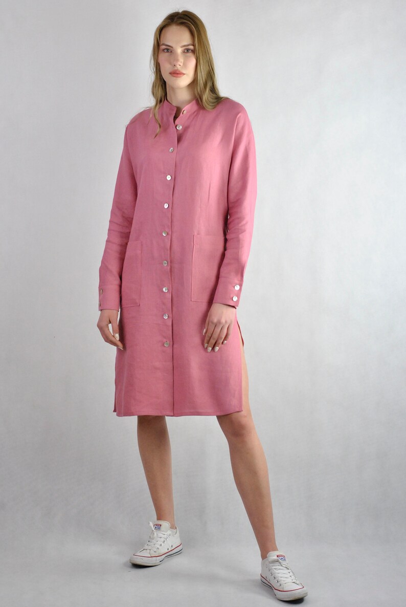 Pure linen Indian pink shirt, buttoned dress shirt, loose fitting tunic beach wear, summer top, casual dress soft linen no. 136 image 2