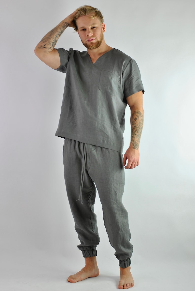 Men's linen t-shirt, Linen tracksuit top, grey linen shirt, Lounge linen top, linen shirt V-neck, Loungewear No. 67 image 7