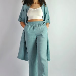 Pure linen wide turquoise trousers, summer flares, tailored pants, linen trousers with pockets, beach pants loose fit, no. 82 image 7