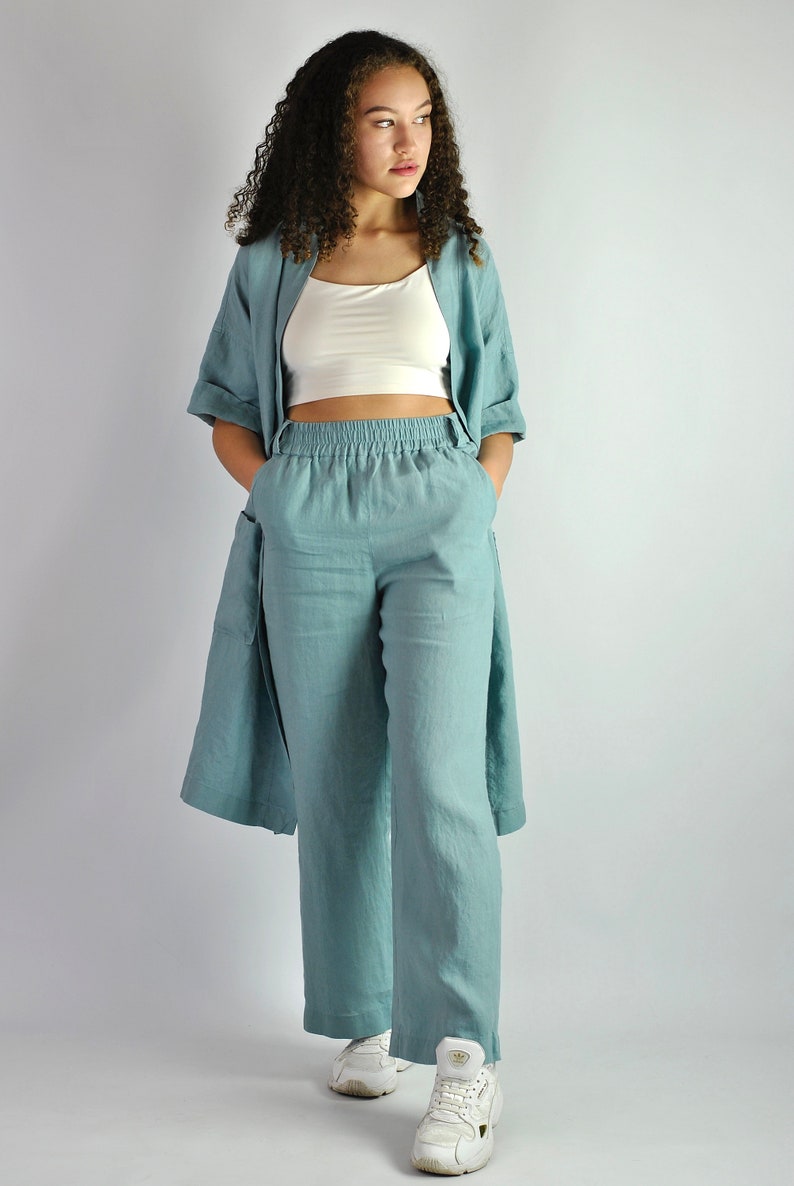 Pure linen wide turquoise trousers, summer flares, tailored pants, linen trousers with pockets, beach pants loose fit, no. 82 image 7