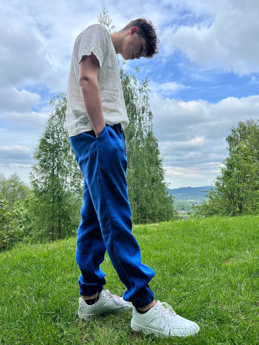Men's Linen Royal Blue Pants, Linen Tracksuit Bottoms, Tracksuit Blue ... — free download