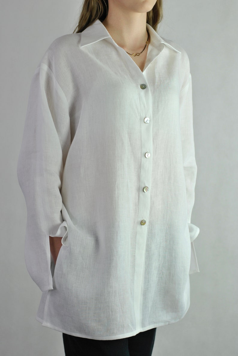 Pure linen white blouse, white buttoned shirt, loose fitting tunic beach wear, summer top, classic office shirt soft linen no. 135 image 5