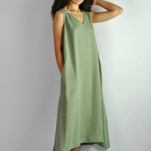 Pure linen loose sage green dress, summer beach dress, comfortable lounge dress, dress with pockets, long dress with belt, no. 98 image 2