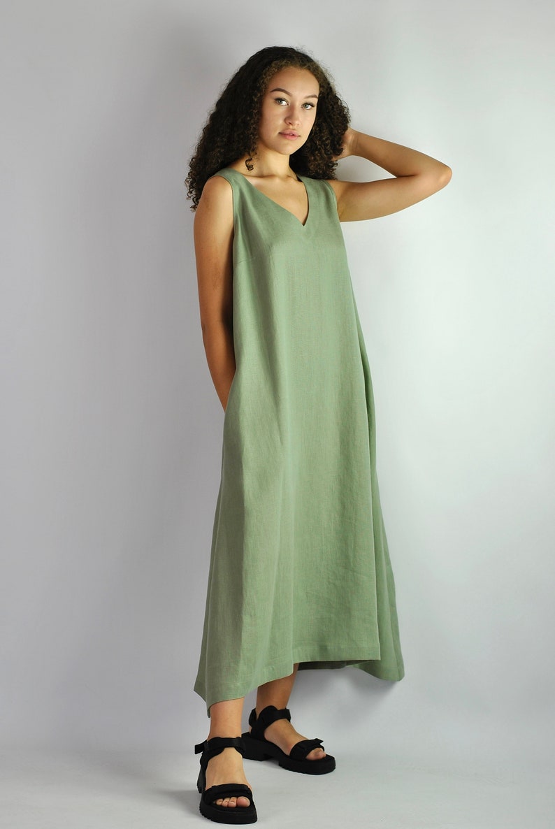 Pure linen loose sage green dress, summer beach dress, comfortable lounge dress, dress with pockets, long dress with belt, no. 98 image 2