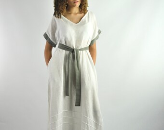 Linen White Beach Dress, Casual Kaftan, Loose-Fitting Tunic Kimono – Summer Bliss with Pockets Casual Boho Vibes no. 32