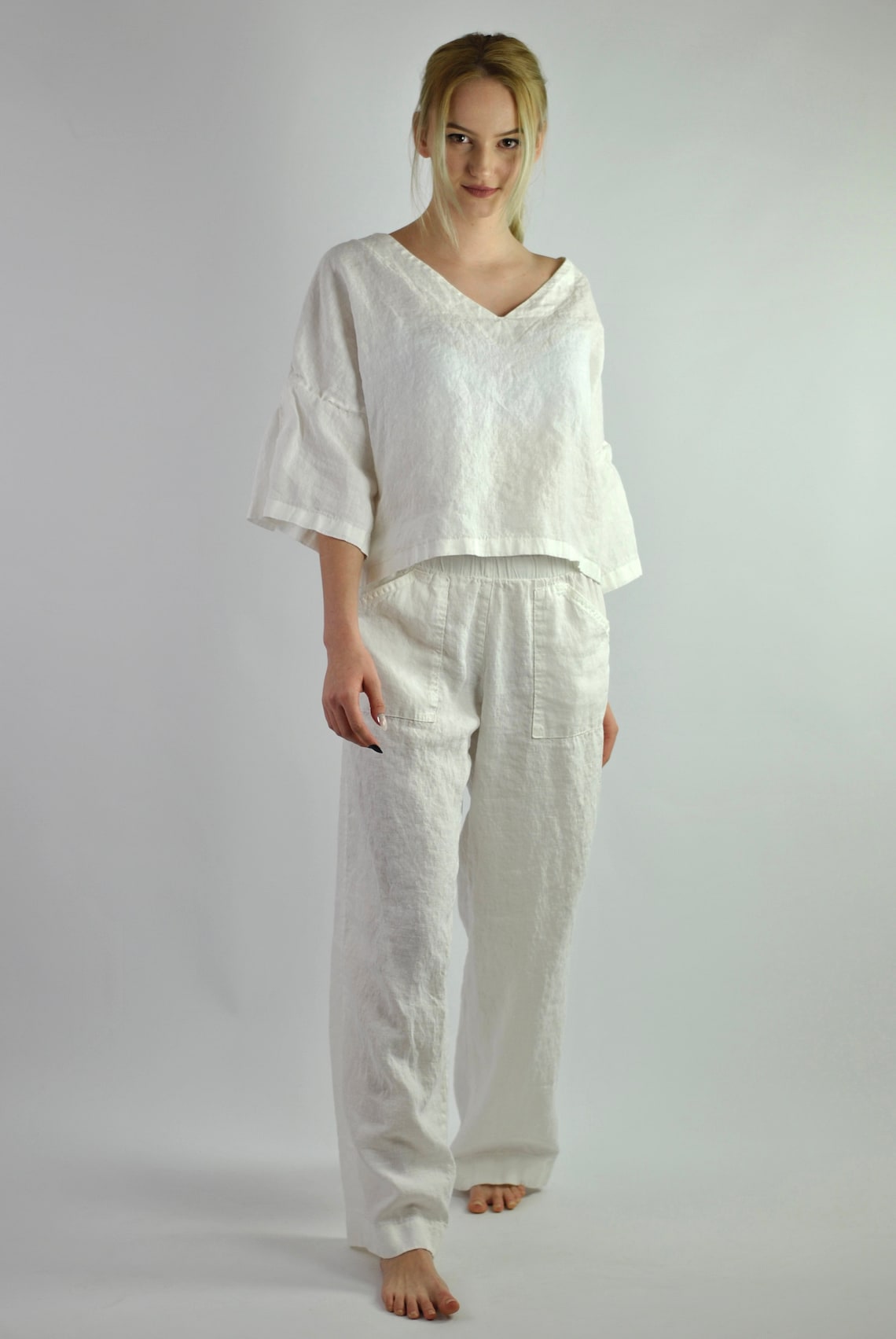Pure White Linen Pants and Blouse, Linen Set, Trousers With Pockets and