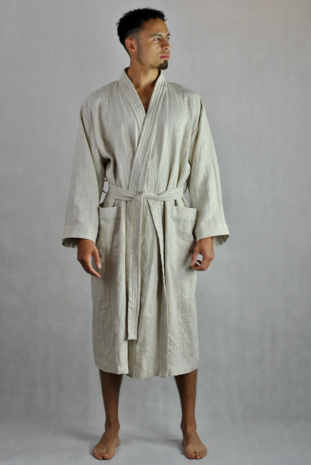 Men's Linen Natural Dressing Gown, Bath Robe, Summer, Unisex, Kimono ...