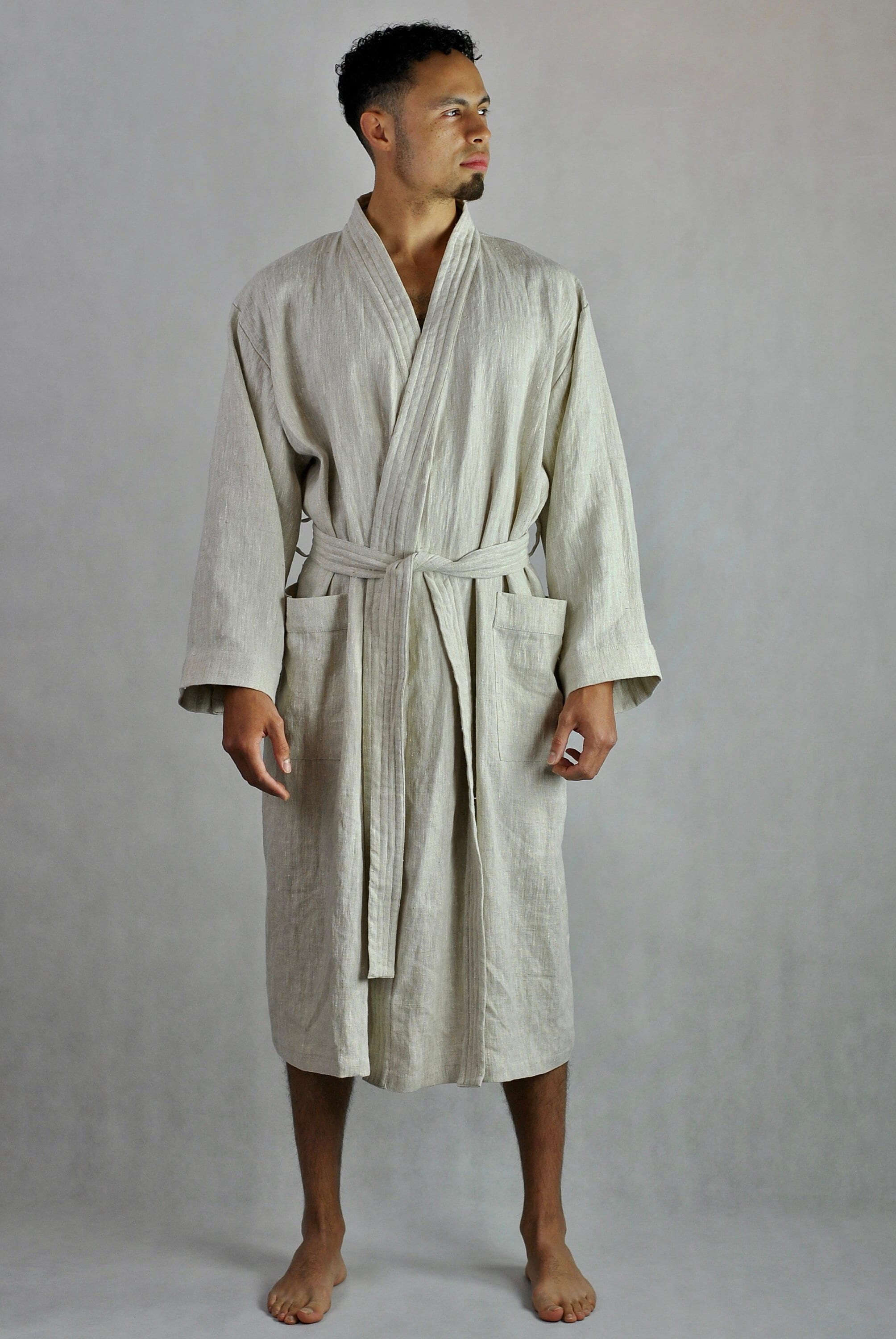 Men's Linen Natural Dressing Gown Bath Robe Summer Etsy