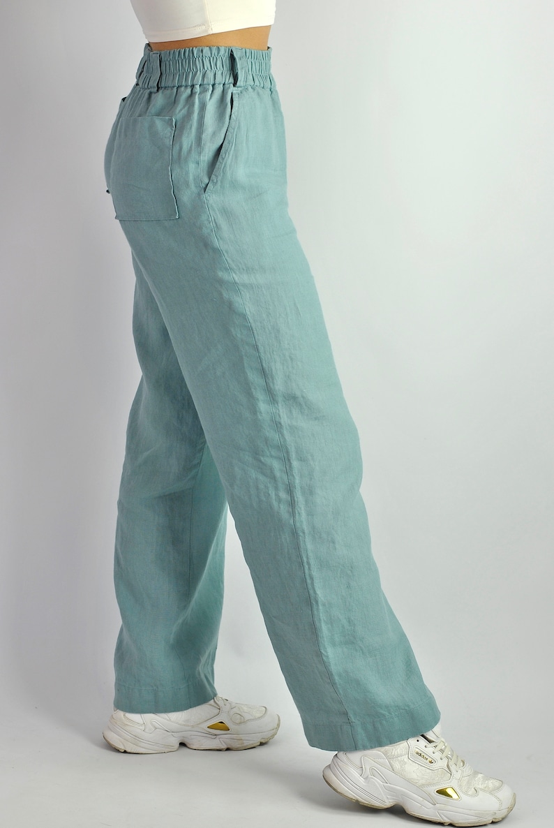 Pure linen wide turquoise trousers, summer flares, tailored pants, linen trousers with pockets, beach pants loose fit, no. 82 image 3