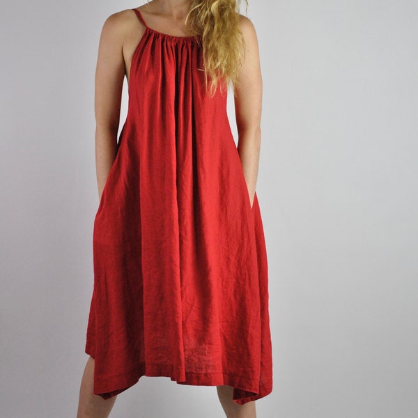 Vestido rojo de puro lino, vestido de tirantes con lazos, vestido de playa de verano ajustable hasta la rodilla sin mangas con bolsillos núm. 61