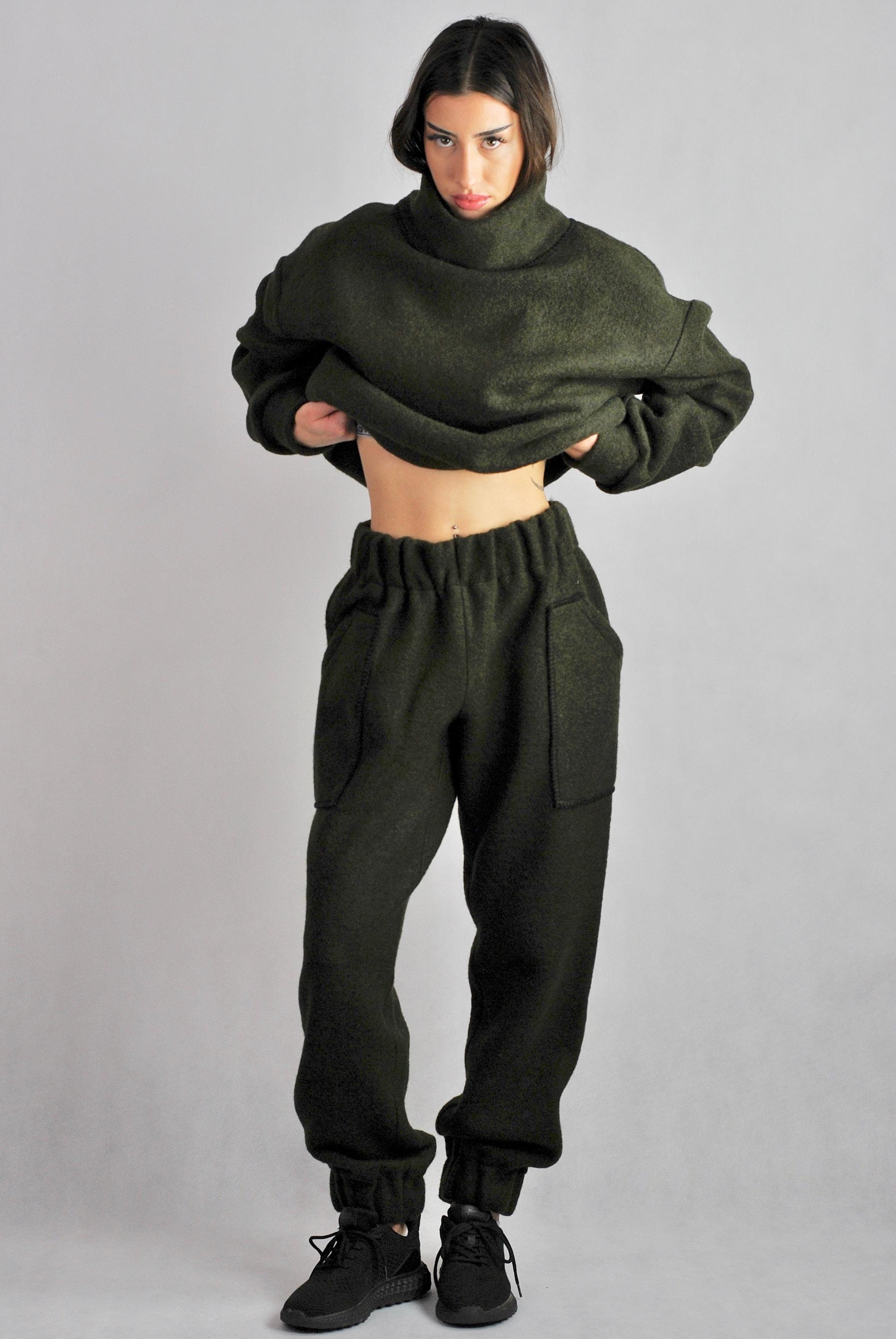 Warm winter khaki green boiled wool track suit pants, wool trousers, soft wool tracksuit bottoms No. 190