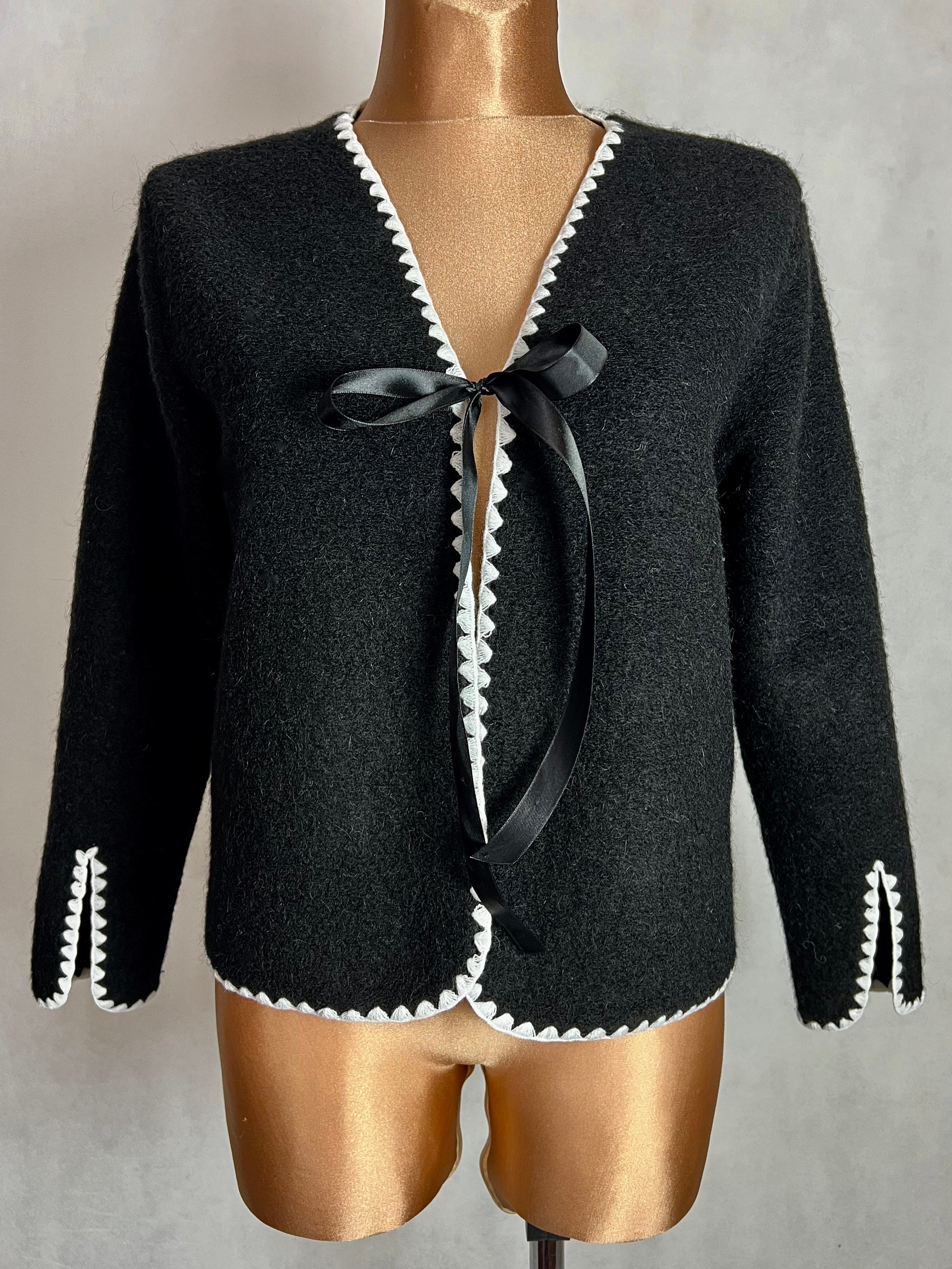 Wool winter black jacket, wool black cardigan with embroidered edges, warm soft jacket with bow ties  no. 160