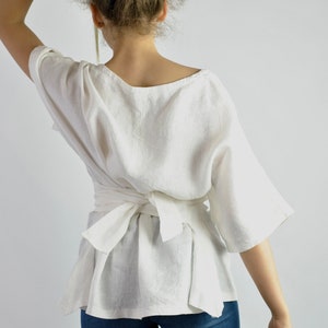 Casual Elegance: White Linen Blouse with Ties Effortlessly Stylish Kimono-Inspired Tunic for Beach or Office Chic no. 57 image 3