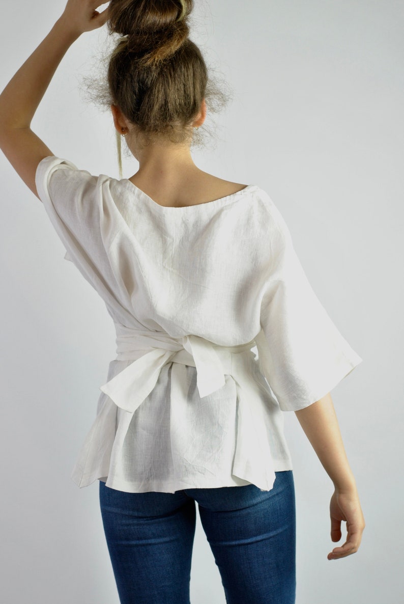 Casual Elegance: White Linen Blouse with Ties Effortlessly Stylish Kimono-Inspired Tunic for Beach or Office Chic no. 57 image 3