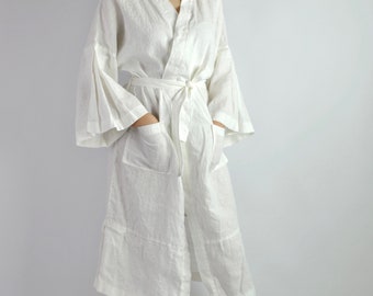 Pure linen white dressing gown, white robe, summer, office,  loose fitting kimono dress, big sleeves white dress with belt, spa robe no. 60