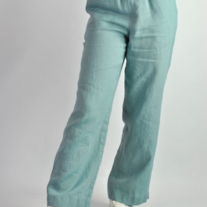 Pure linen wide turquoise trousers, summer flares, tailored pants, linen trousers with pockets, beach pants loose fit, no. 82 image 2