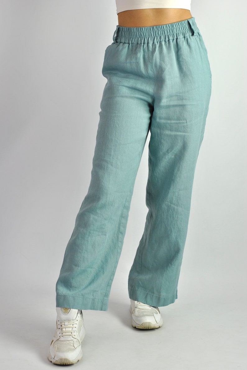 Pure linen wide turquoise trousers, summer flares, tailored pants, linen trousers with pockets, beach pants loose fit, no. 82 image 2