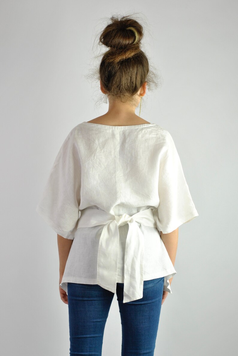 Casual Elegance: White Linen Blouse with Ties Effortlessly Stylish Kimono-Inspired Tunic for Beach or Office Chic no. 57 image 9