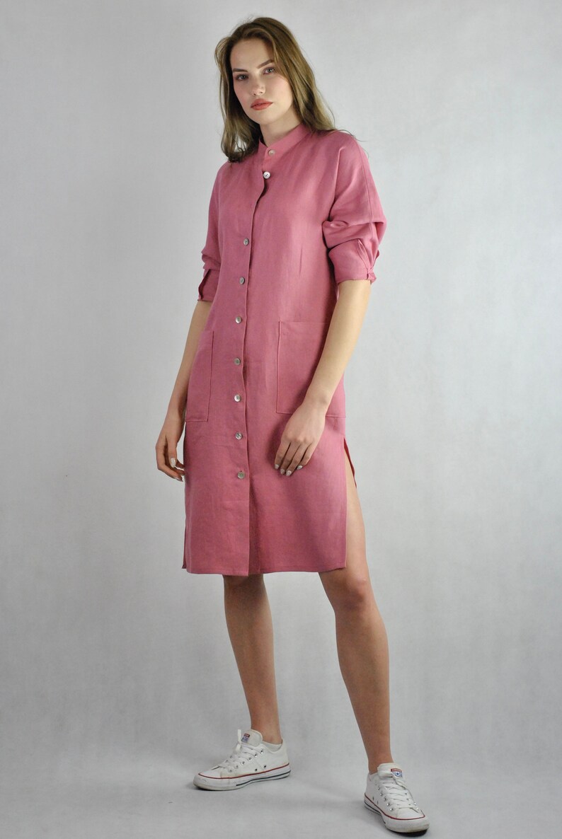 Pure linen Indian pink shirt, buttoned dress shirt, loose fitting tunic beach wear, summer top, casual dress soft linen no. 136 image 7