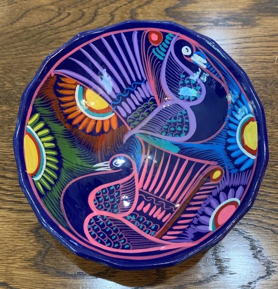 Vintage Mexican Talavera Pottery Footed Bowl Centerpiece Display Blue Peacock