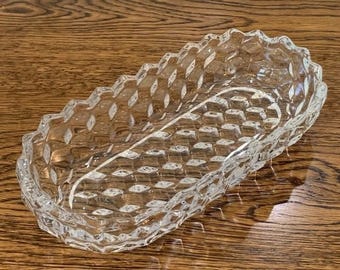 Plato oblongo vintage Fostoria American de 20 cm para encurtidos y salsas, diseño cubista.