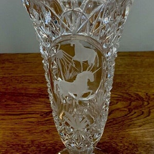 Vintage Einhorn Hofbauer Bleikristall Geätzte Vase Deutsches Kristall - Groß