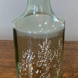 Vintage Green Glass Bottle Decanter Painted White Flowers Tree
