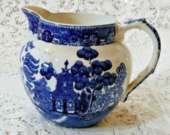 Antique 1909 Buffalo Pottery Pitcher, Vase Blue & White, Blue Willow