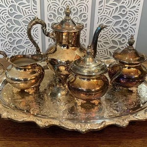 Antique Poole Silver Plate Old English Tea Pot Tray 7PC ART NOUVEAU Serving Set