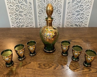 Set di bicchieri Vintage Boho in vetro, decanter dipinto in oro verde smeraldo, 6 bicchieri