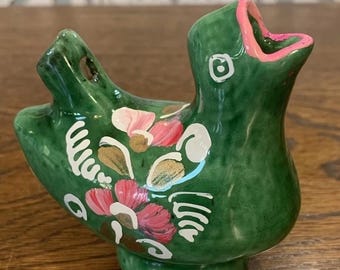 Romanian Bird Whistle Ceramic Green Flowers 3.25 x 3.25 x 2"